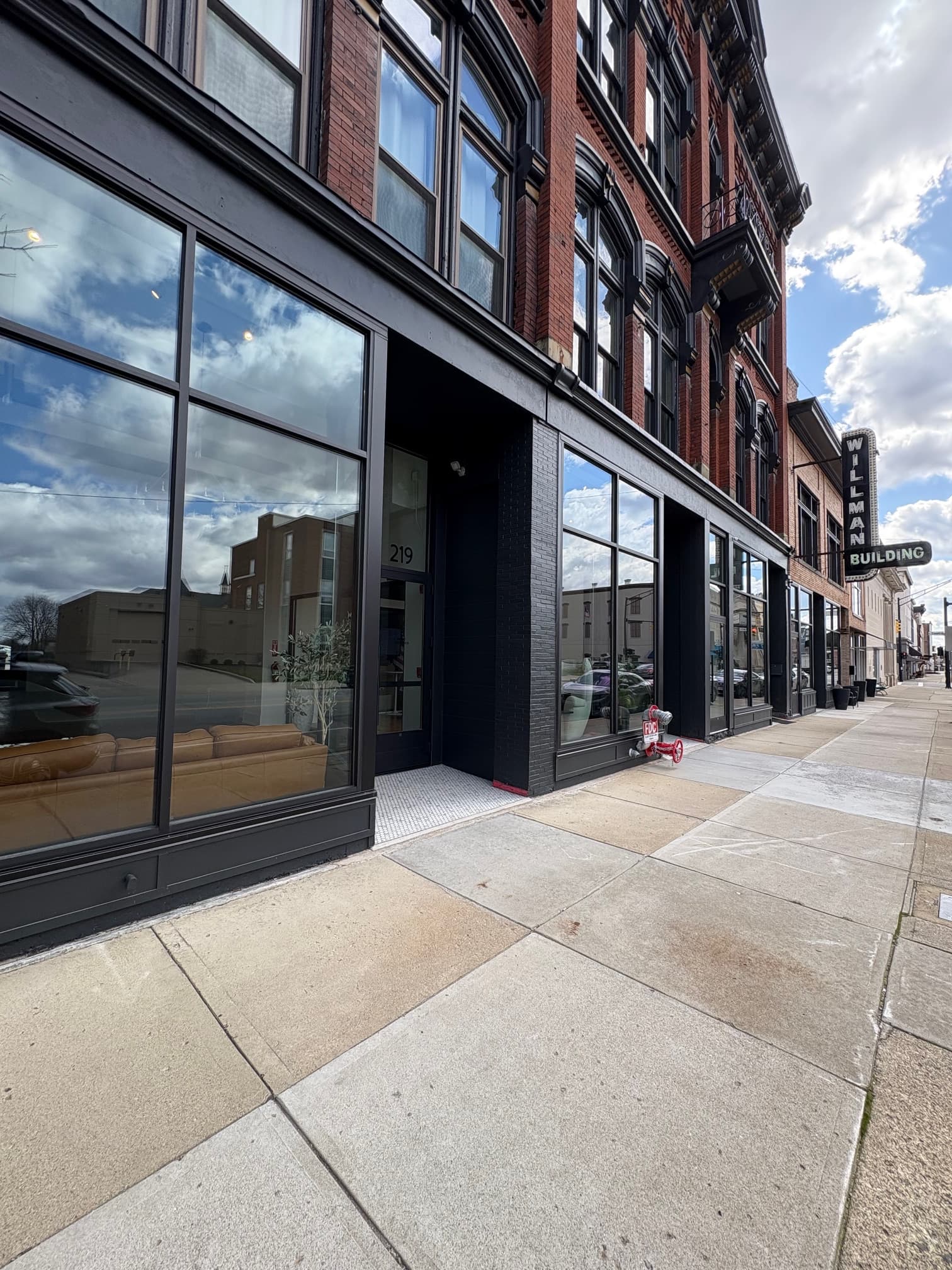 Modern glass entrance of the building